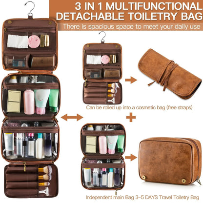 Brown Large Hanging Toiletry Bag Waterproof Leather Travel Organiser 4 Compartment Cosmetic Case with Swivel Hook Ideal for Holidays - Mekamart Australia