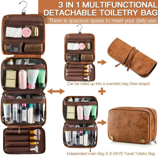 Brown Large Hanging Toiletry Bag Waterproof Leather Travel Organiser 4 Compartment Cosmetic Case with Swivel Hook Ideal for Holidays - Mekamart Australia