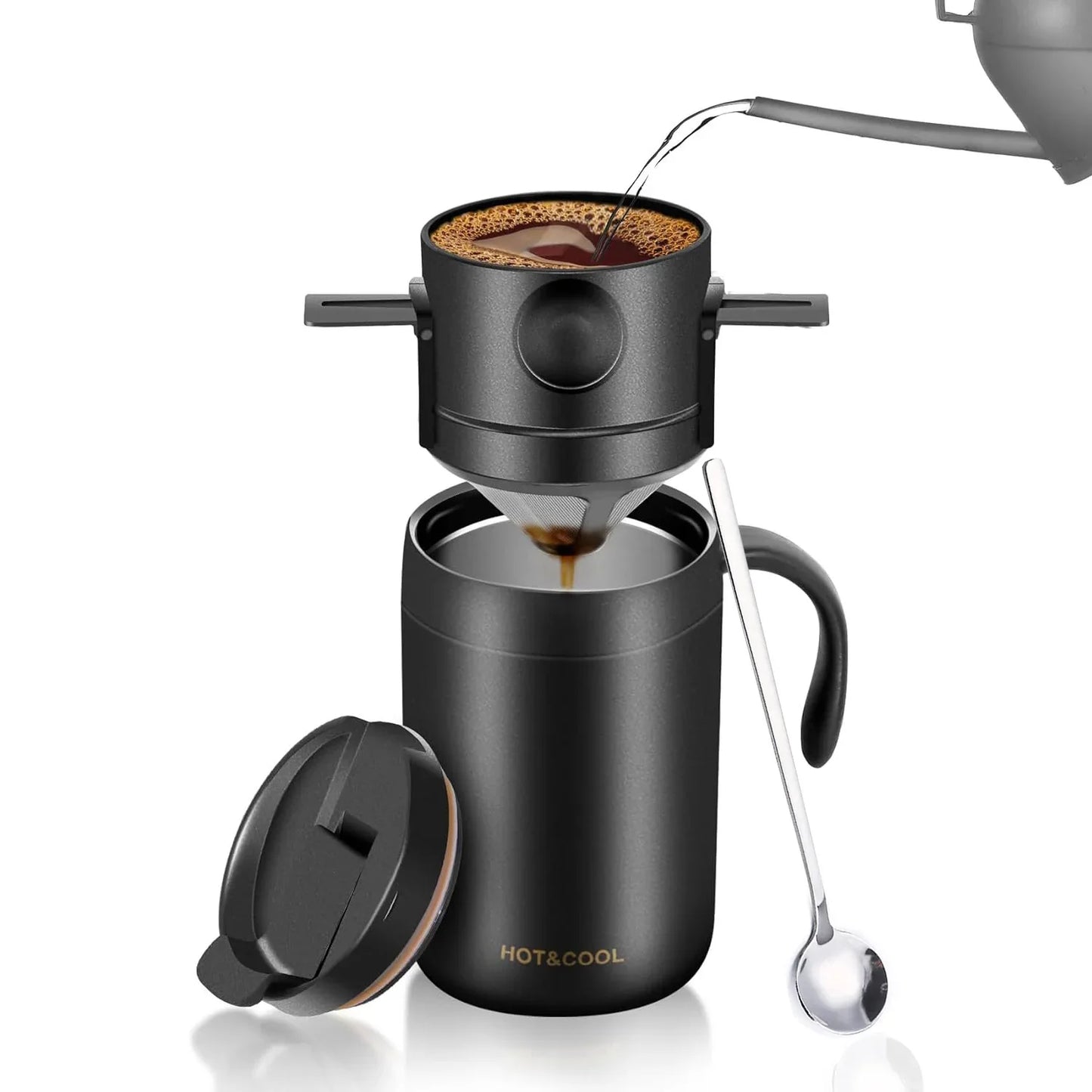 Black Portable Pour Over Coffee Maker Set Stainless Steel Insulated Travel Mug with Collapsible Reusable Dripper Filter for Camping Office and Home - Mekamart Australia