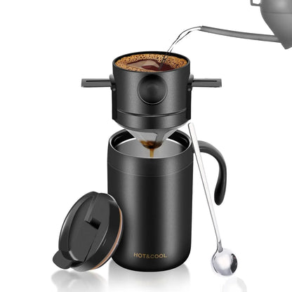 Black Portable Pour Over Coffee Maker Set Stainless Steel Insulated Travel Mug with Collapsible Reusable Dripper Filter for Camping Office and Home - Mekamart Australia