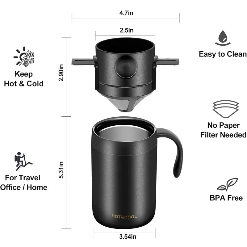 Black Portable Pour Over Coffee Maker Set Stainless Steel Insulated Travel Mug with Collapsible Reusable Dripper Filter for Camping Office and Home - Mekamart Australia