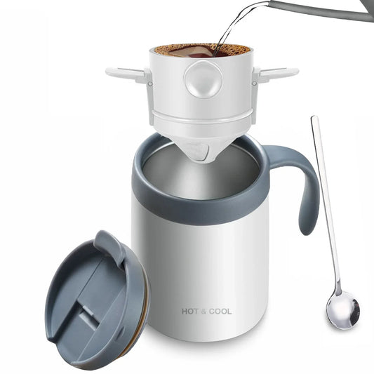 White Portable Pour Over Coffee Maker Set Stainless Steel Insulated Travel Mug with Collapsible Reusable Dripper Filter for Camping Office and Home - Mekamart Australia