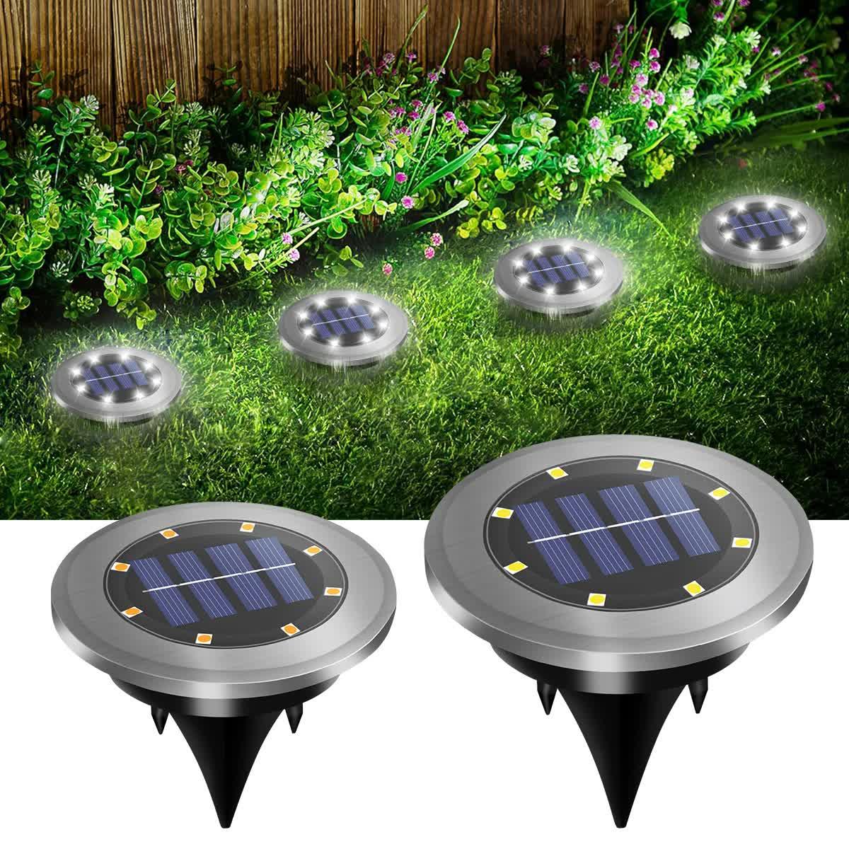 4-Pack Classic Large 8 LED Solar In-Ground Yellow Light Set (12 x 12 x 13 cm) - Stainless Steel Waterproof Garden Spike Lamps for Lawn & Pathway - Mekamart Australia