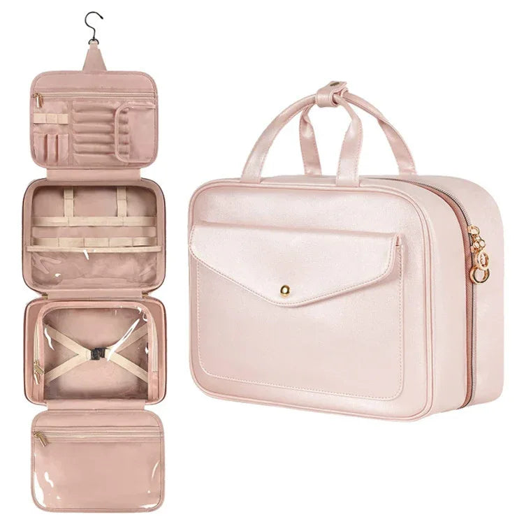 Pink Portable Large Hanging Womens' Luxury PU Leather Cosmetic Bag - Waterproof Travel Toiletry Organizer , Easy Visibility & Durable - Mekamart Australia