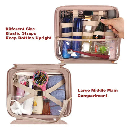 Pink Portable Large Hanging Womens' Luxury PU Leather Cosmetic Bag - Waterproof Travel Toiletry Organizer , Easy Visibility & Durable - Mekamart Australia