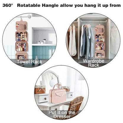Pink Portable Large Hanging Womens' Luxury PU Leather Cosmetic Bag - Waterproof Travel Toiletry Organizer , Easy Visibility & Durable - Mekamart Australia