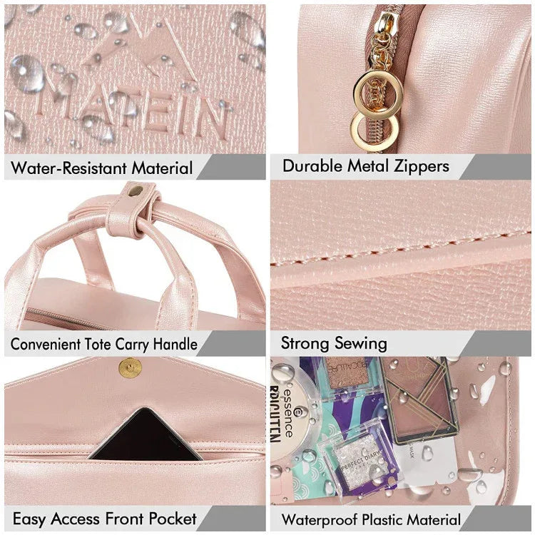 Pink Portable Large Hanging Womens' Luxury PU Leather Cosmetic Bag - Waterproof Travel Toiletry Organizer , Easy Visibility & Durable - Mekamart Australia