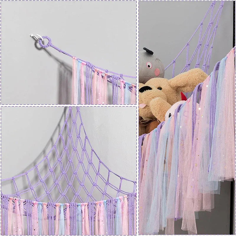 Purple Corner Plush Toy Organizer (100x100x150cm) with Ribbon Accent & Installation Kit - Handwoven Cotton Mesh Toy Storage Hammock - Mekamart Australia
