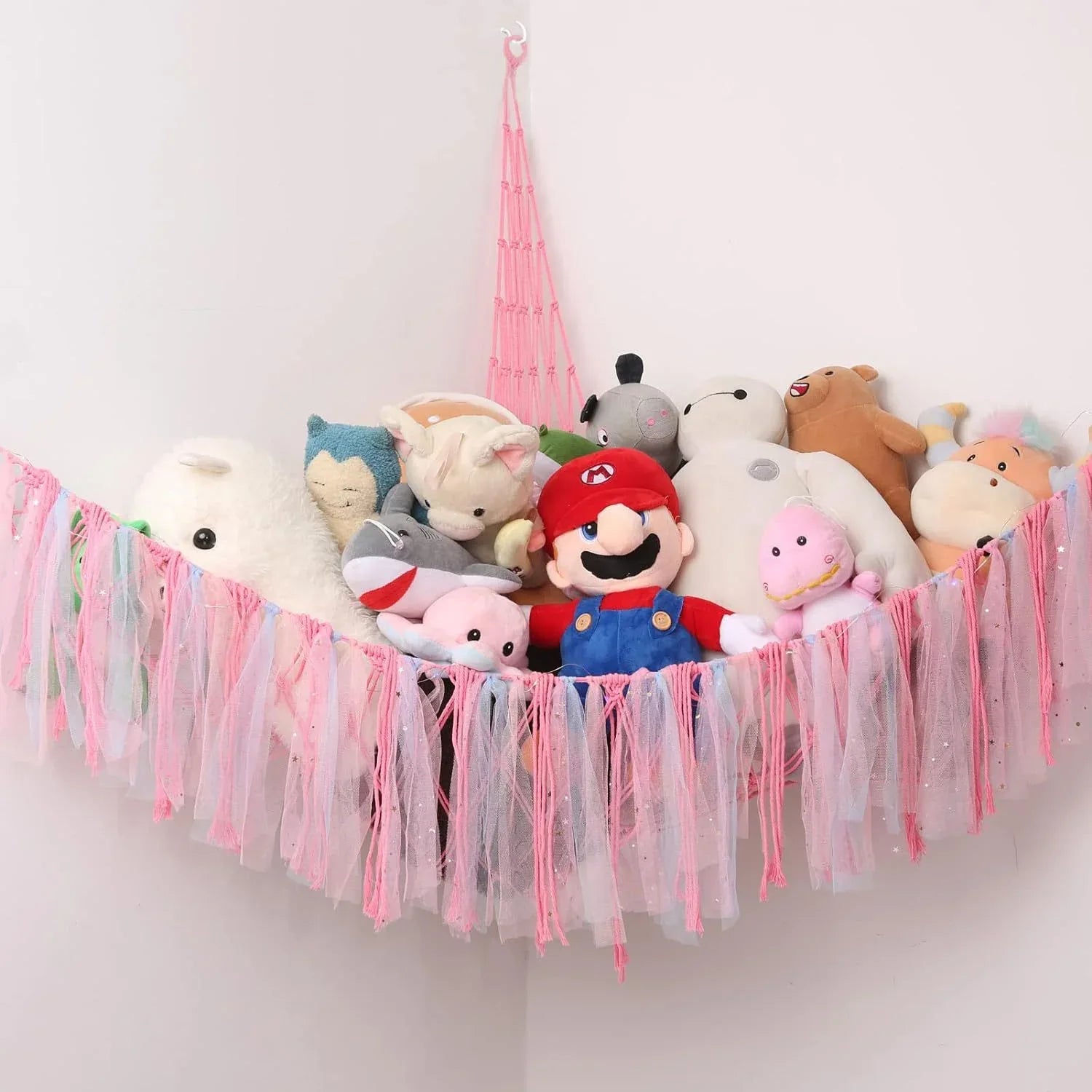 Pink Corner Plush Toy Organizer (100x100x150cm) with Ribbon Accent & Installation Kit - Handwoven Cotton Mesh Toy Storage Hammock - Mekamart Australia