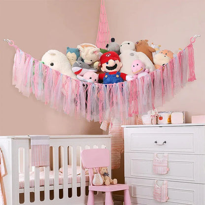 Pink Corner Plush Toy Organizer (100x100x150cm) with Ribbon Accent & Installation Kit - Handwoven Cotton Mesh Toy Storage Hammock - Mekamart Australia