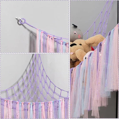 Pink Corner Plush Toy Organizer (100x100x150cm) with Ribbon Accent & Installation Kit - Handwoven Cotton Mesh Toy Storage Hammock - Mekamart Australia