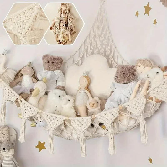 White Triangle Woven Plush Toy Corner Organizer (105x105x145cm) with octagonal beads and installation kit - Hand-woven cotton mesh toy storage hammock - Mekamart Australia