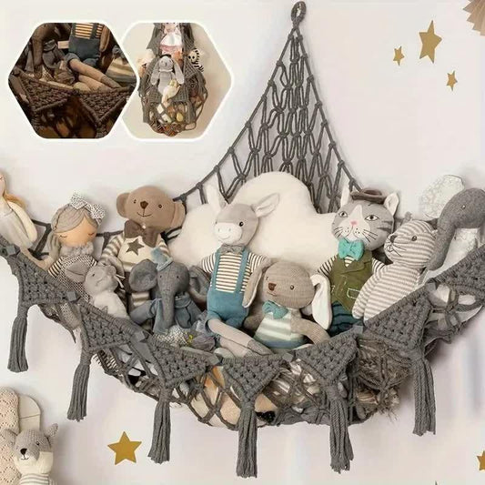 Grey Triangle Woven Plush Toy Corner Organizer (105x105x145cm) with octagonal beads and installation kit - Hand-woven cotton mesh toy storage hammock - Mekamart Australia