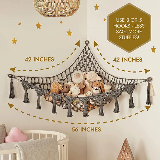 Grey Triangle Woven Plush Toy Corner Organizer (105x105x145cm) with octagonal beads and installation kit - Hand-woven cotton mesh toy storage hammock - Mekamart Australia