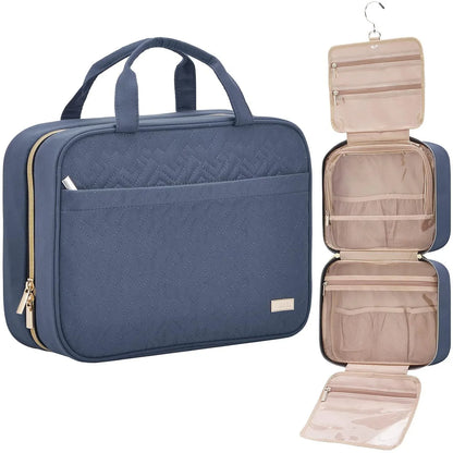 Dark Blue Large Capacity Hanging Toiletry Bag for Women(30.5 x 22.5 x 12 cm) - Checked Pattern Waterproof Cosmetic Organizer, Dry/Wet Separation & Multi-Compartment - Mekamart Australia