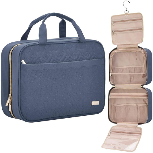 Dark Blue Large Capacity Hanging Toiletry Bag for Women(30.5 x 22.5 x 12 cm) - Checked Pattern Waterproof Cosmetic Organizer, Dry/Wet Separation & Multi-Compartment - Mekamart Australia