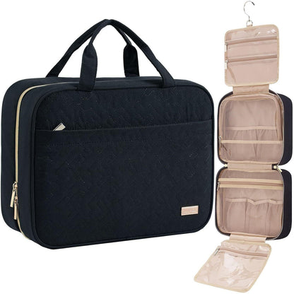 Black Large Capacity Hanging Toiletry Bag for Women(30.5 x 22.5 x 12 cm) - Checked Pattern Waterproof Cosmetic Organizer, Dry/Wet Separation & Multi-Compartment - Mekamart Australia