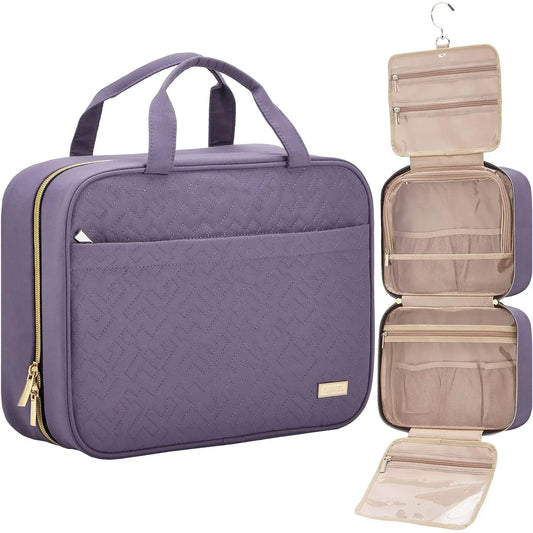 Purple Large Capacity Hanging Toiletry Bag for Women(30.5 x 22.5 x 12 cm) - Checked Pattern Waterproof Cosmetic Organizer, Dry/Wet Separation & Multi-Compartment - Mekamart Australia