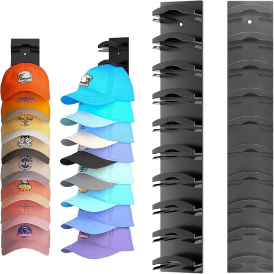 2-Pack 10-Tier Black Wall-Mounted Hat Rack with Installation Accessories - Space-Saving Plastic Baseball Cap and Other Hat Organizers - Mekamart Australia