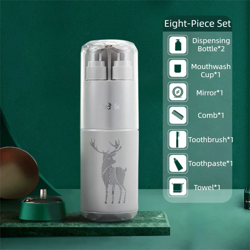 Grey Deluxe 8-in-1 Travel Toiletry Set - Portable All-in-One Toothbrush Holder, Wash Cup, Towel and 2 * Refill Bottles for Travel & Camping - Mekamart Australia