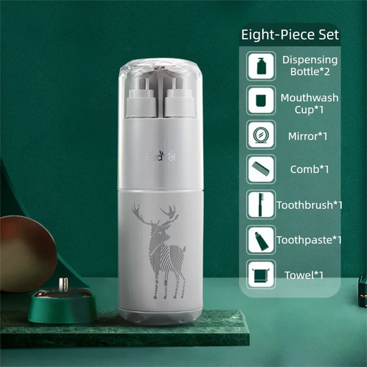 Grey Deluxe 8-in-1 Travel Toiletry Set - Portable All-in-One Toothbrush Holder, Wash Cup, Towel and 2 * Refill Bottles for Travel & Camping - Mekamart Australia