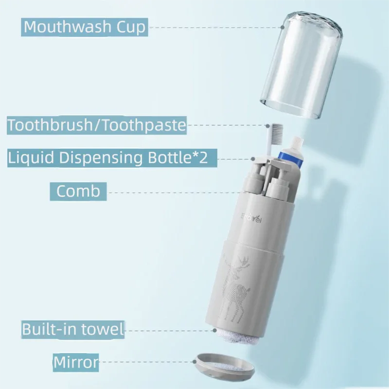 Grey Deluxe 8-in-1 Travel Toiletry Set - Portable All-in-One Toothbrush Holder, Wash Cup, Towel and 2 * Refill Bottles for Travel & Camping - Mekamart Australia