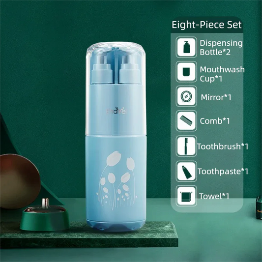 Blue Deluxe 8-in-1 Travel Toiletry Set - Portable All-in-One Toothbrush Holder, Wash Cup, Towel and 2 * Refill Bottles for Travel & Camping - Mekamart Australia