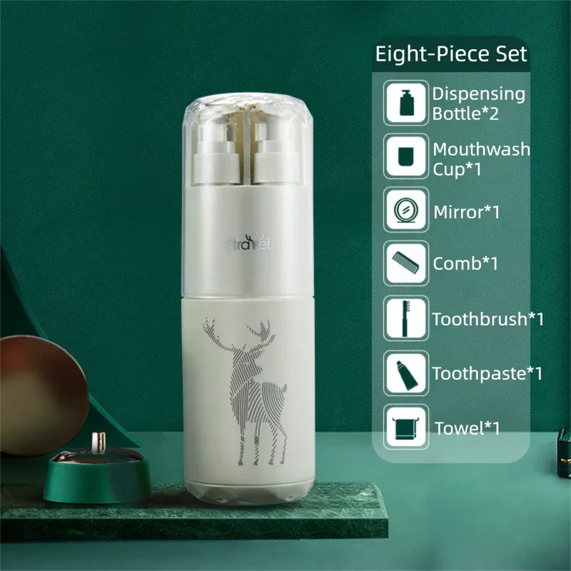Green Deluxe 8-in-1 Travel Toiletry Set - Portable All-in-One Toothbrush Holder, Wash Cup, Towel and 2 * Refill Bottles for Travel & Camping - Mekamart Australia