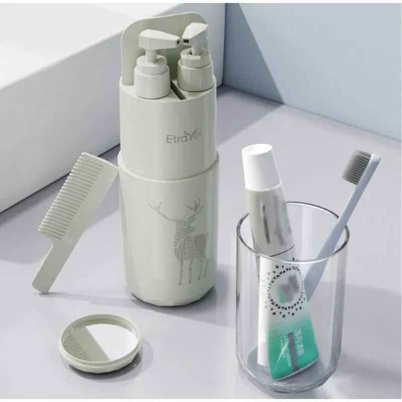 Green Deluxe 8-in-1 Travel Toiletry Set - Portable All-in-One Toothbrush Holder, Wash Cup, Towel and 2 * Refill Bottles for Travel & Camping - Mekamart Australia