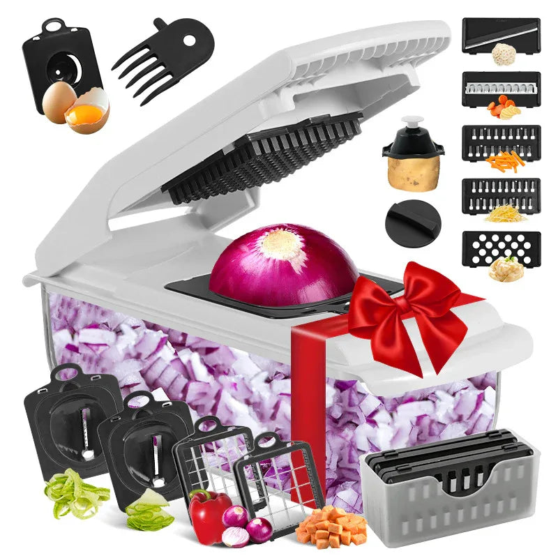 18-Piece Black-White Multi-Function Vegetable Chopper & Slicer Set - Rotary Grater with 5 Muti-Style Stainless Steel Blades for Home Kitchen - Mekamart Australia