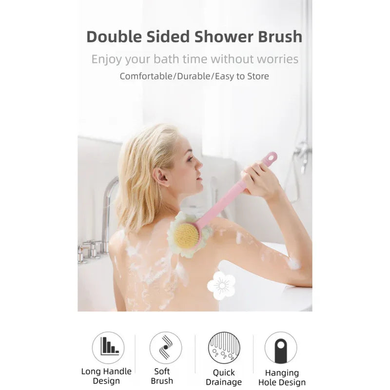 2-Pack Pink 2-in-1 Soft Bristle Long Handle Bath Brush & Shower Pouf Combo - Double-Sided Back Scrubber for Adults & Kids - Mekamart Australia