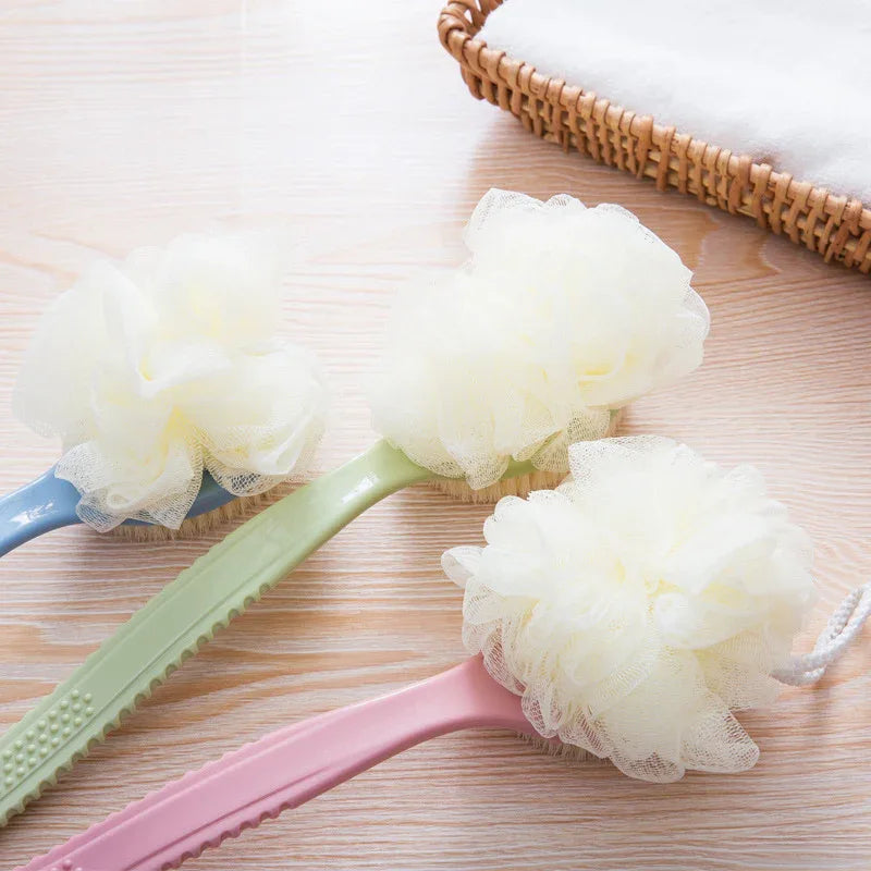 2-Pack Pink 2-in-1 Soft Bristle Long Handle Bath Brush & Shower Pouf Combo - Double-Sided Back Scrubber for Adults & Kids - Mekamart Australia