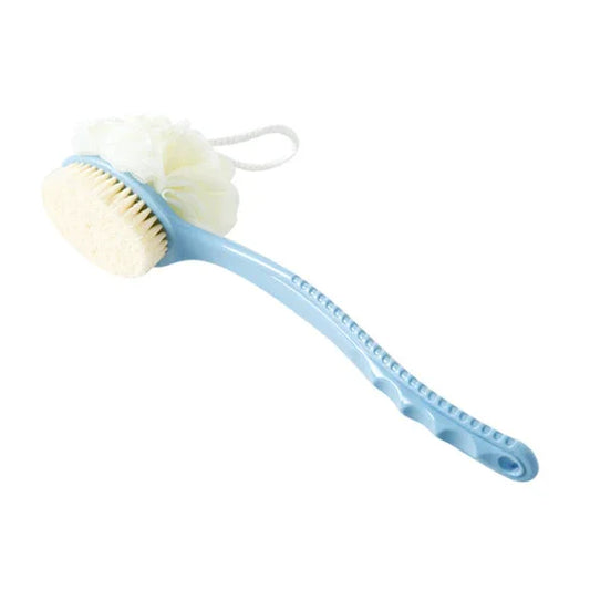 2-Pack Blue 2-in-1 Soft Bristle Long Handle Bath Brush & Shower Pouf Combo - Double-Sided Back Scrubber for Adults & Kids - Mekamart Australia