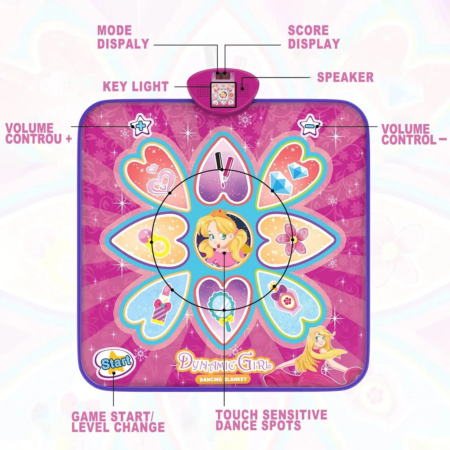 Blue Wireless Kids Electronic Princess Dance Mat & Music Playmat(90x108CM) - 7 Modes Foot Game Pad Toy with Digital Score Display - Mekamart Australia
