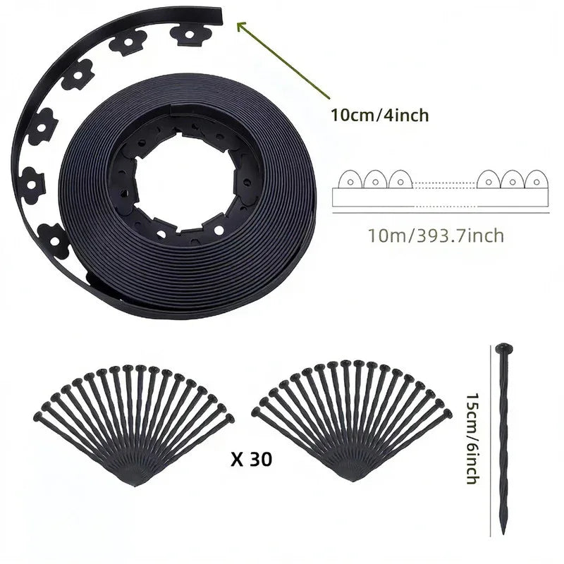 Black L-Shape PE Landscape Edging Roll Kit (10CM Height x 10M Long) - Anti-Root Lawn & Garden Divider with 30 Ground Stakes - Mekamart Australia