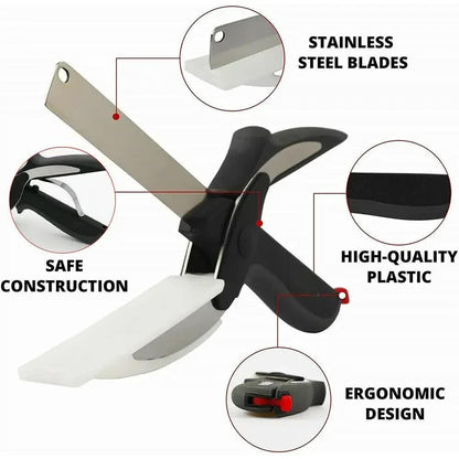 2-in-1 Ingenious Cutter Food Chopper & Scissor for Kitchen Versatile Use - 420 Stainless Steel Blade & Cutting Board Base, with Safety Lock - Mekamart Australia
