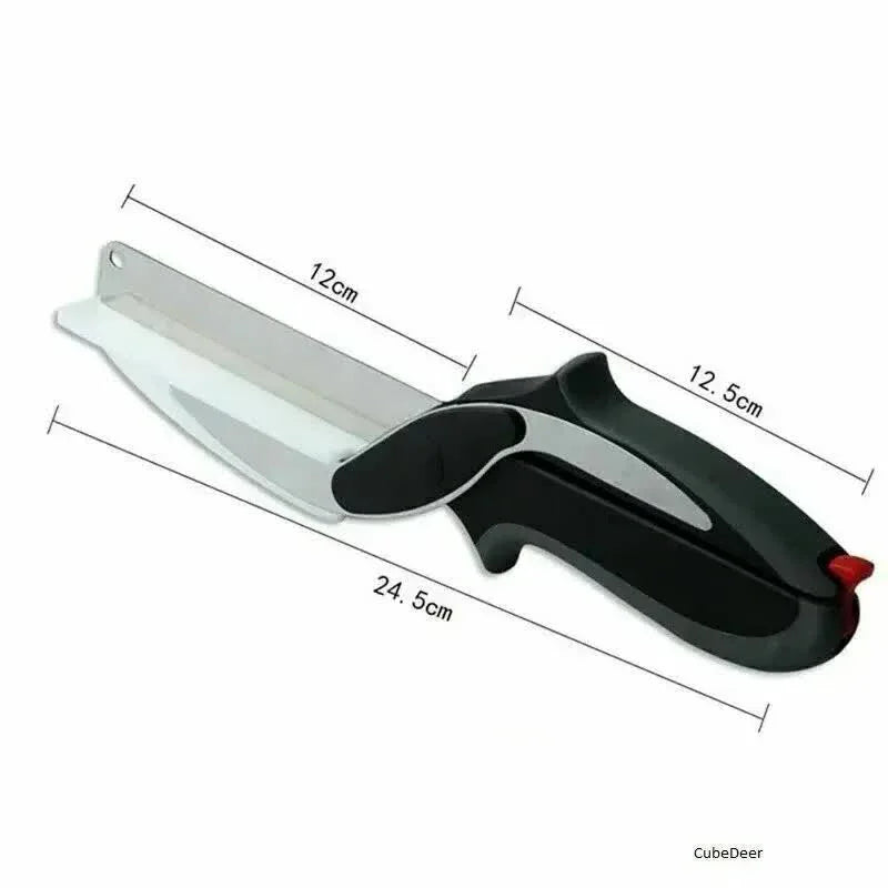 2-in-1 Ingenious Cutter Food Chopper & Scissor for Kitchen Versatile Use - 420 Stainless Steel Blade & Cutting Board Base, with Safety Lock - Mekamart Australia