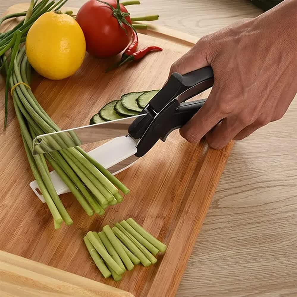 2-in-1 Ingenious Cutter Food Chopper & Scissor for Kitchen Versatile Use - 420 Stainless Steel Blade & Cutting Board Base, with Safety Lock - Mekamart Australia