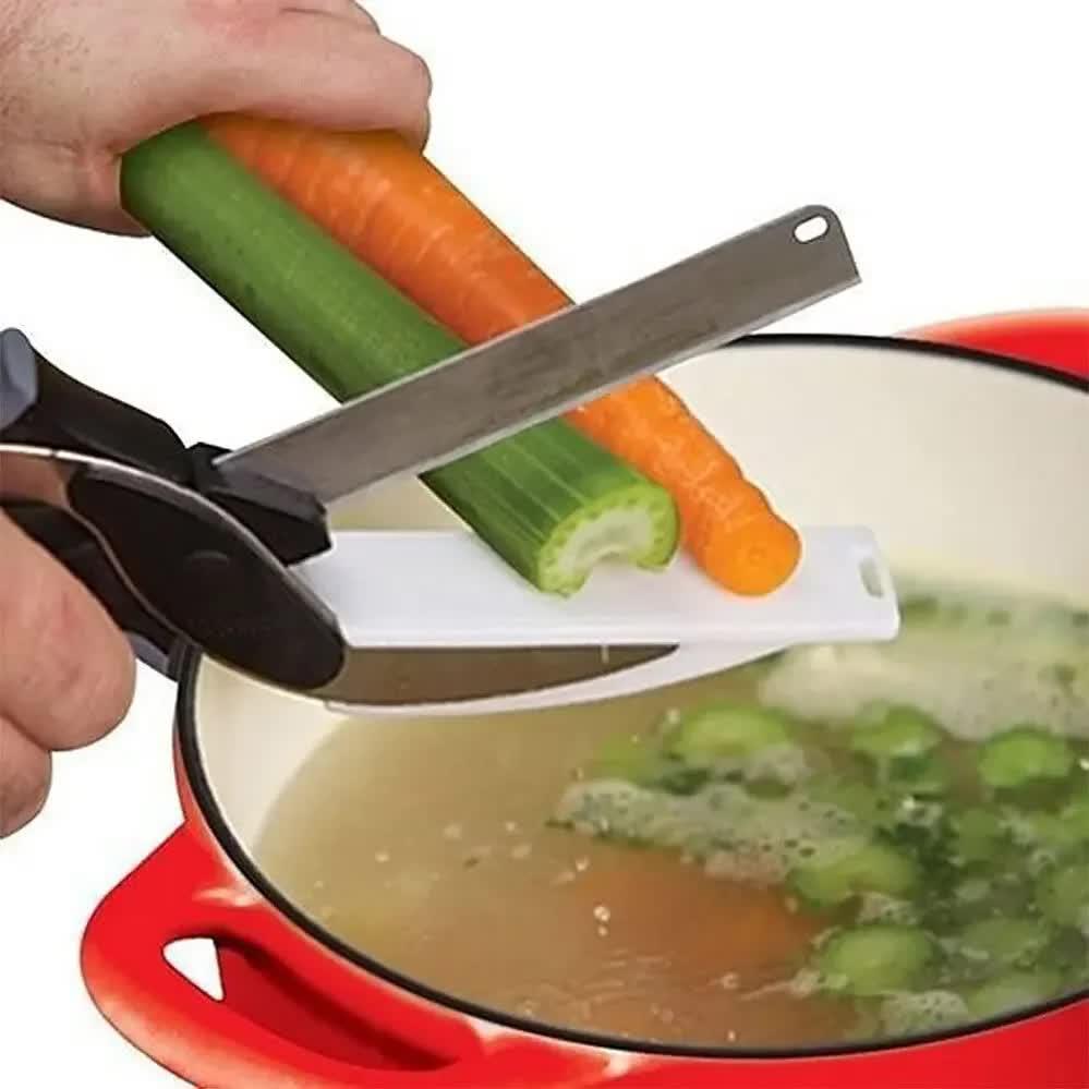 2-in-1 Ingenious Cutter Food Chopper & Scissor for Kitchen Versatile Use - 420 Stainless Steel Blade & Cutting Board Base, with Safety Lock - Mekamart Australia