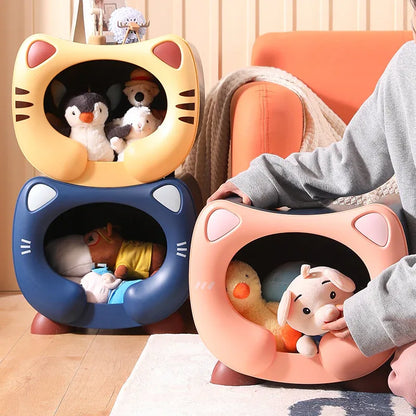 Yellow Cute Cat-Themed Stackable Storage Bin - Multi-purpose Pet Bed & Toy Organizer - Mekamart Australia