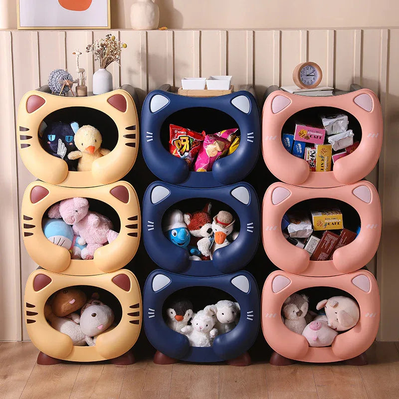 Yellow Cute Cat-Themed Stackable Storage Bin - Multi-purpose Pet Bed & Toy Organizer - Mekamart Australia