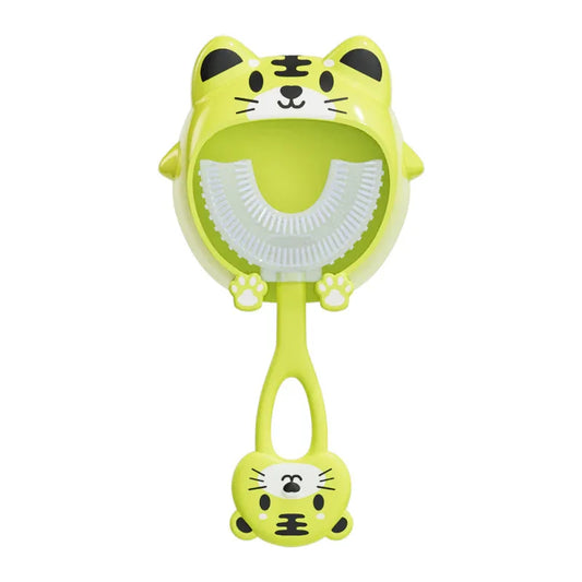 Green tiger U-Shaped Kids Toothbrush - Food Grade Silicone Manual Toothbrush for 2-12 Year Olds - 360 degree Full Mouth Cleaning Baby Oral Care - Comes with Wall Mount Holder - Mekamart Australia