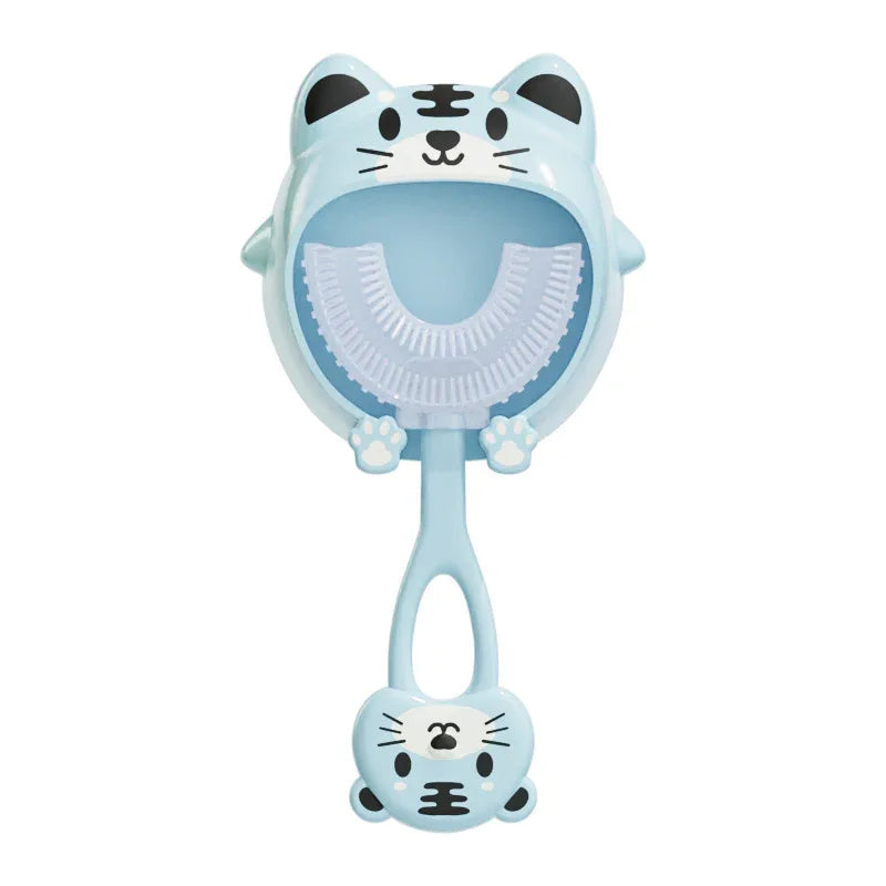 Blue tiger U-Shaped Kids Toothbrush - Food Grade Silicone Manual Toothbrush for 2-12 Year Olds - 360 degree Full Mouth Cleaning Baby Oral Care - Comes with Wall Mount Holder - Mekamart Australia