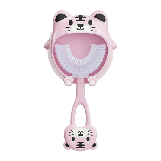 Pink tiger U-Shaped Kids Toothbrush - Food Grade Silicone Manual Toothbrush for 2-12 Year Olds - 360 degree Full Mouth Cleaning Baby Oral Care - Comes with Wall Mount Holder - Mekamart Australia