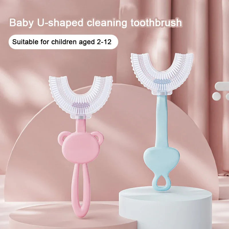 Pink tiger U-Shaped Kids Toothbrush - Food Grade Silicone Manual Toothbrush for 2-12 Year Olds - 360 degree Full Mouth Cleaning Baby Oral Care - Comes with Wall Mount Holder - Mekamart Australia