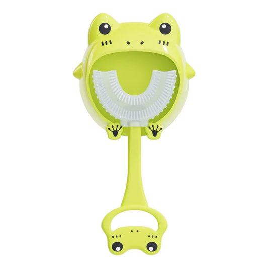 Green frog U-Shaped Kids Toothbrush - Food Grade Silicone Manual Toothbrush for 2-12 Year Olds - 360 degree Full Mouth Cleaning Baby Oral Care - Comes with Wall Mount Holder - Mekamart Australia
