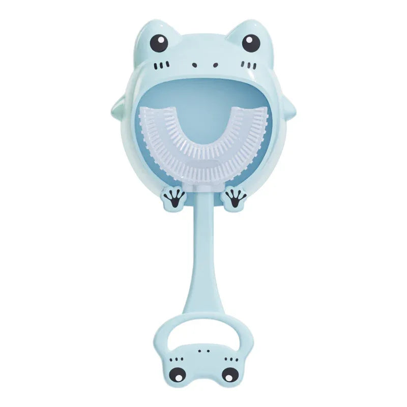Blue frog U-Shaped Kids Toothbrush - Food Grade Silicone Manual Toothbrush for 2-12 Year Olds - 360 degree Full Mouth Cleaning Baby Oral Care - Comes with Wall Mount Holder - Mekamart Australia