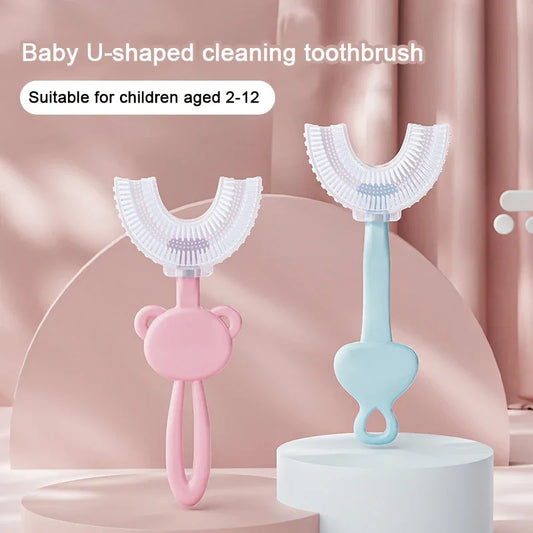 Pink frog U-Shaped Kids Toothbrush - Food Grade Silicone Manual Toothbrush for 2-12 Year Olds - 360 degree Full Mouth Cleaning Baby Oral Care - Comes with Wall Mount Holder - Mekamart Australia