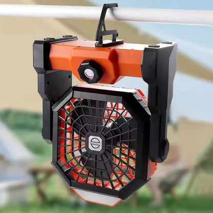 Black and orange Portable Outdoor Camping Fan with LED Light - Rechargeable USB Tent Fan for Australia - Mekamart Australia