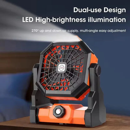 Black and orange Portable Outdoor Camping Fan with LED Light - Rechargeable USB Tent Fan for Australia - Mekamart Australia
